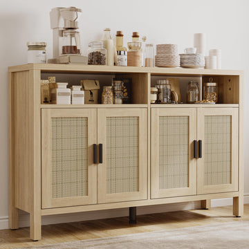 Rattan Buffet Cabinet with Storage, Sideboard with Doors, Console Table, Farmhouse Coffee Bar, Modern Wood Storage