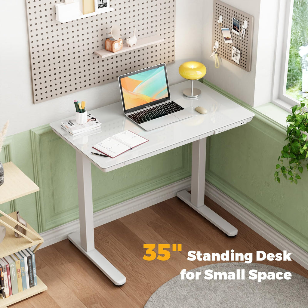 35" Electric Standing Desk with Drawer, One-Piece Glass Top