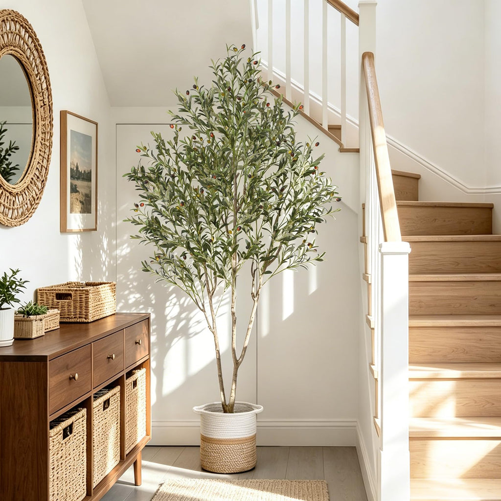 7FT Olive Trees Artificial Indoor with Planter&Basket, Tall Faux Olive Tree
