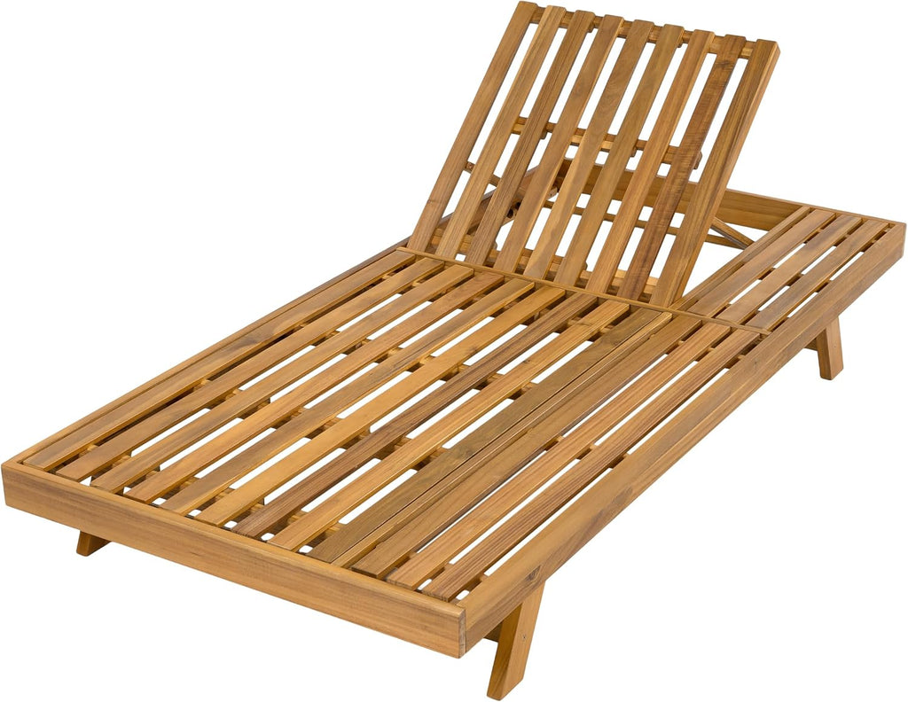Acacia Wood Chaise Lounge with 4'' Cushion, Outdoor 79'' Patio Recliner Chair with 4-Position Adjustable