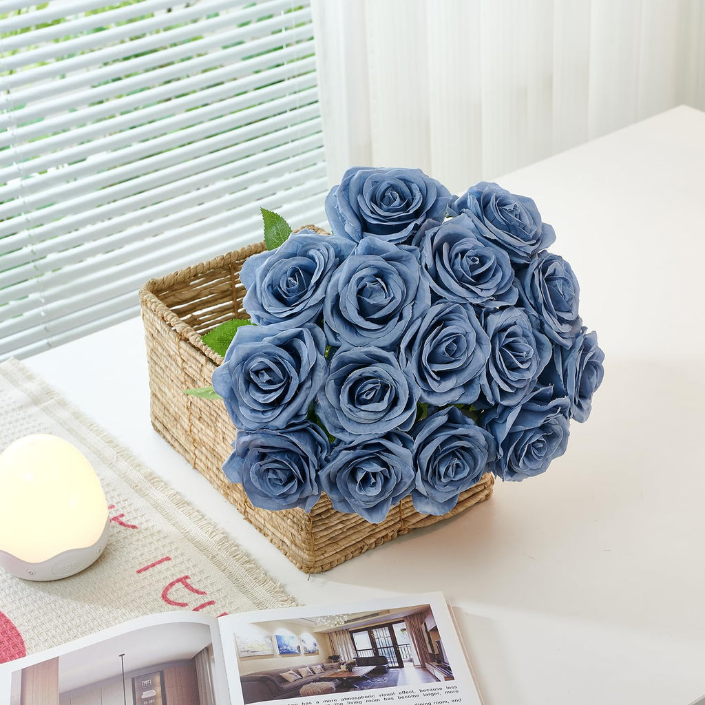 100 Pcs Fake Dusty Blue Roses, Artificial Blue Flowers Bulk Realistic Silk Faux Rose with Long Stems for Wedding