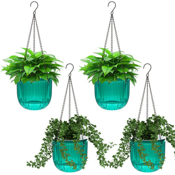 4 Pcs Self Watering Hanging Planters 6.5 Inch with Chains, Emerald
