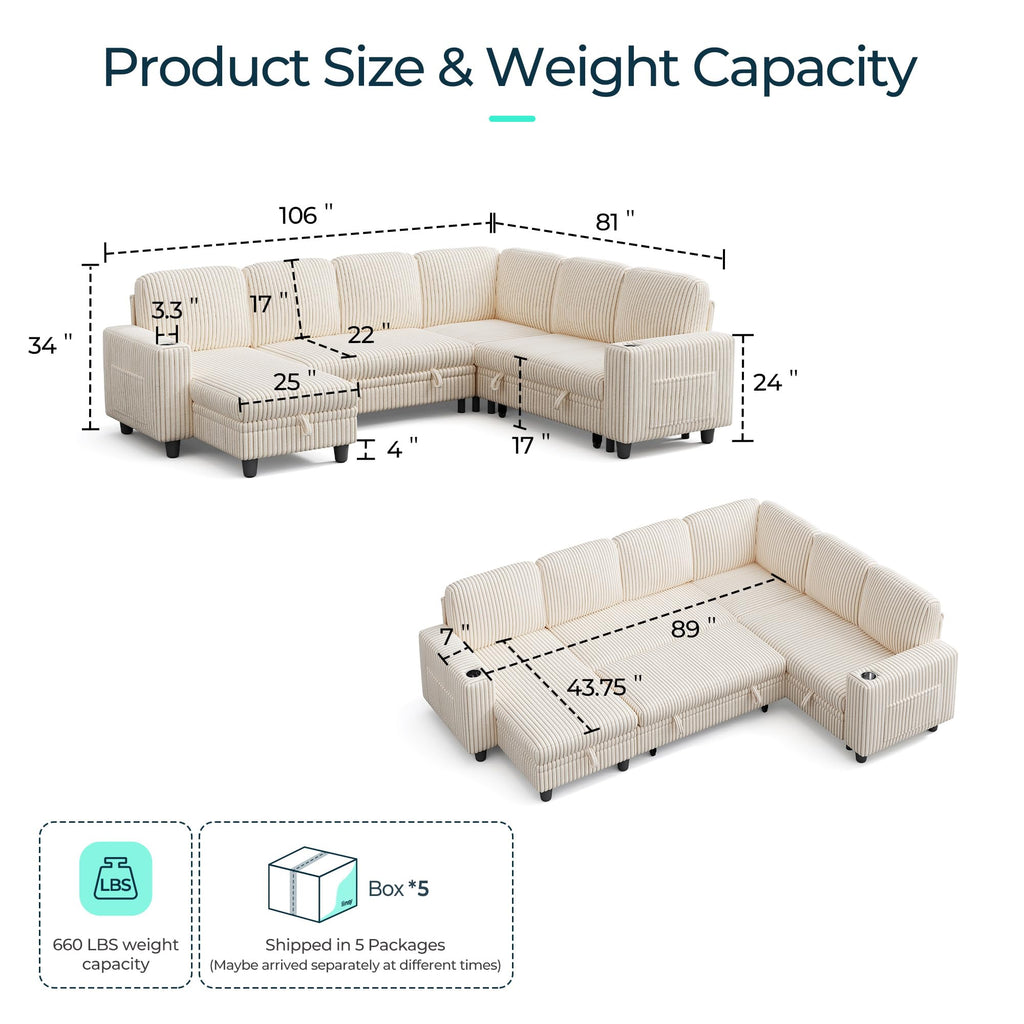 L Shaped Sectional Pull Out Couch, 6 Seats Corduroy Sleeper Sofa with Storage Chaise&Seat and Versatile Armrest, 106"