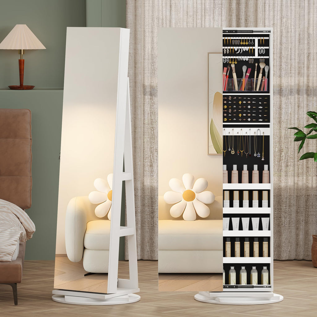 Standing Jewelry Cabinet with Sliding Full Length Mirror, White