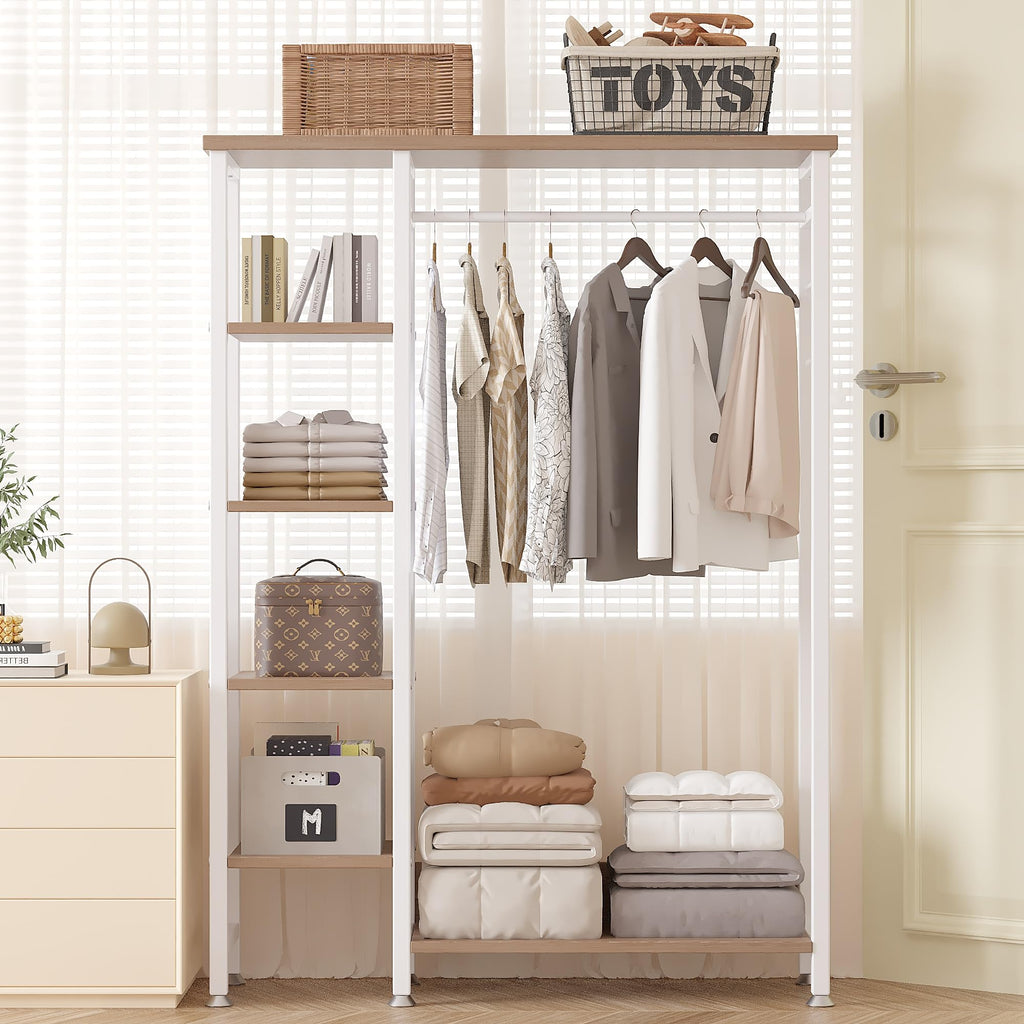 Open Garment Clothing Rack, Free-Standing Heavy Duty Storage Closet with 5 Shelves and Hanging Rod for Small Spaces