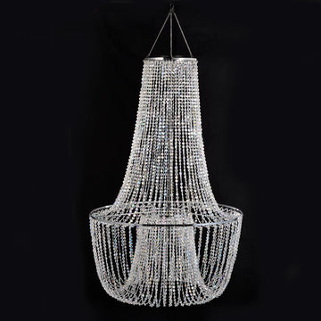 French Empire Beaded Chandelier with Tiered Swags, 24" Wide 38" Height, Includes Hanging Chain, Elegant Crystal-Like