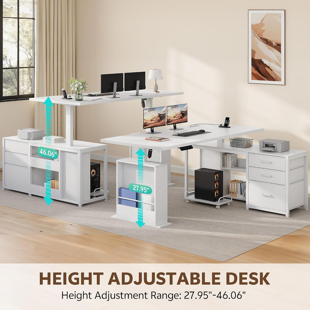 63'' L Shaped Desk with 3 Drawers Electric Standing Desks White | with Storage Computer Desk Adjustable Height with