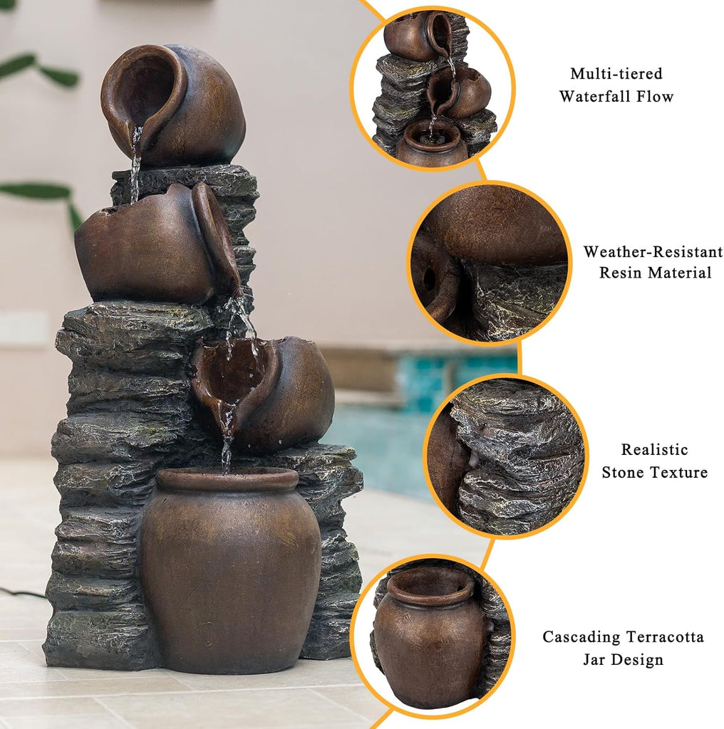 24.8" H Rock & Jar Cascading Water Fountain Outdoor/Indoor, Floor Standing Waterfall Fountain