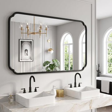 36x60 Matte Black Scalloped Bathroom Mirror Rounded Rectangle Frame,Full Length Mirror Size, Ideal for Large