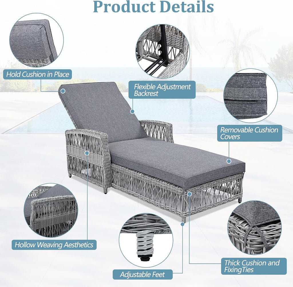 Patio Lounge Chair, Outdoor Rattan Chaise Lounge with 4 Adjustable Backrest and Armrests, All Weather Wicker
