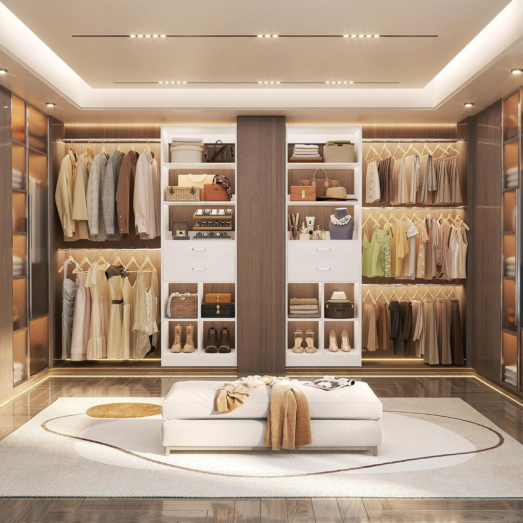 Closet System, 4-8 FT Closet Organizer Tower with 2 Wooden Drawers and 5 Hanging Rods, Can Fit 60 to 96 inch Walk-in