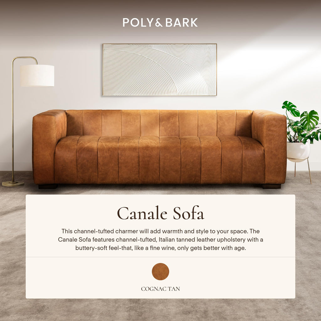 Canale Sofa - 86" Channel-Tufted Italian Leather Couch - Cognac Tan Full-Grain Pure-Aniline or Semi-Aniline Leather