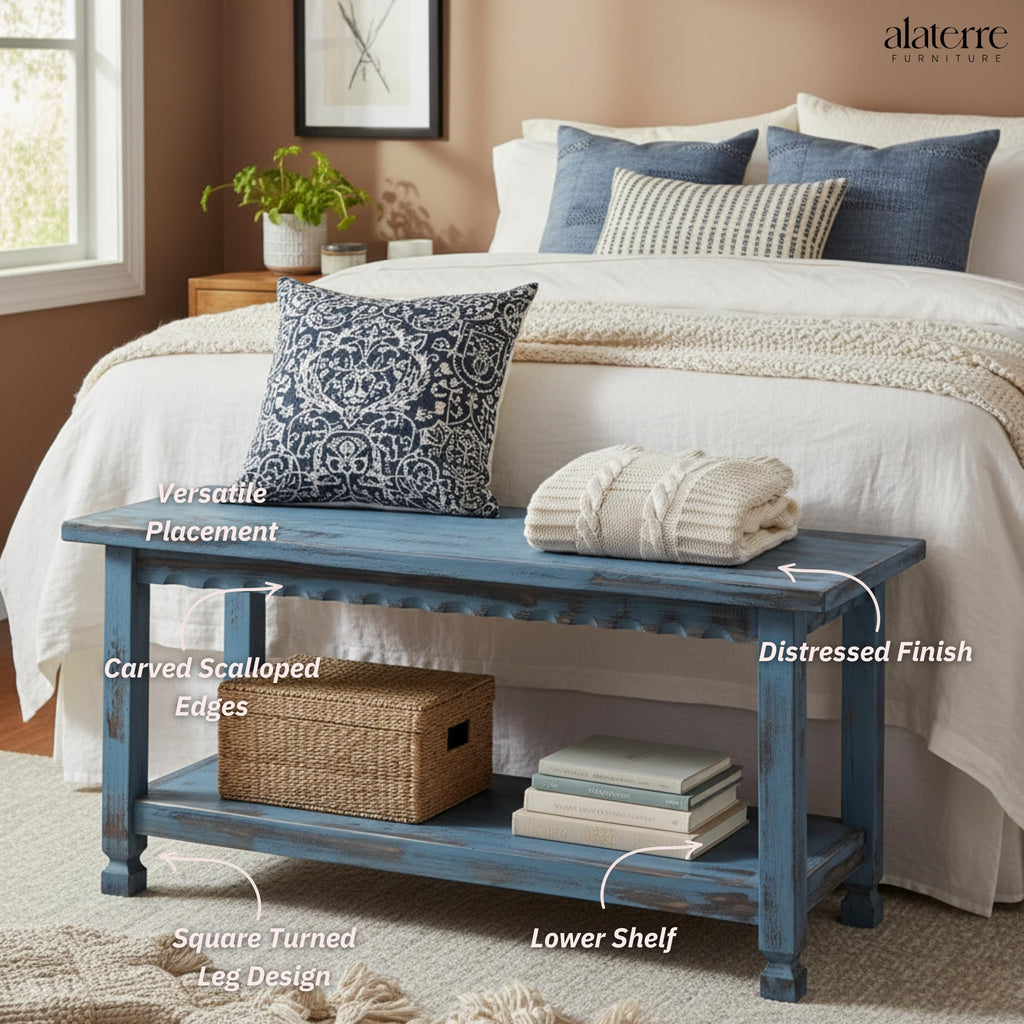 Country Cottage Entryway Bench with Shoe Storage, Blue Antique