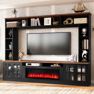 Black Farmhouse TV Stand with Fireplace, Large Entertainment Center with Bookshelves, Glass Doors & Adjustable