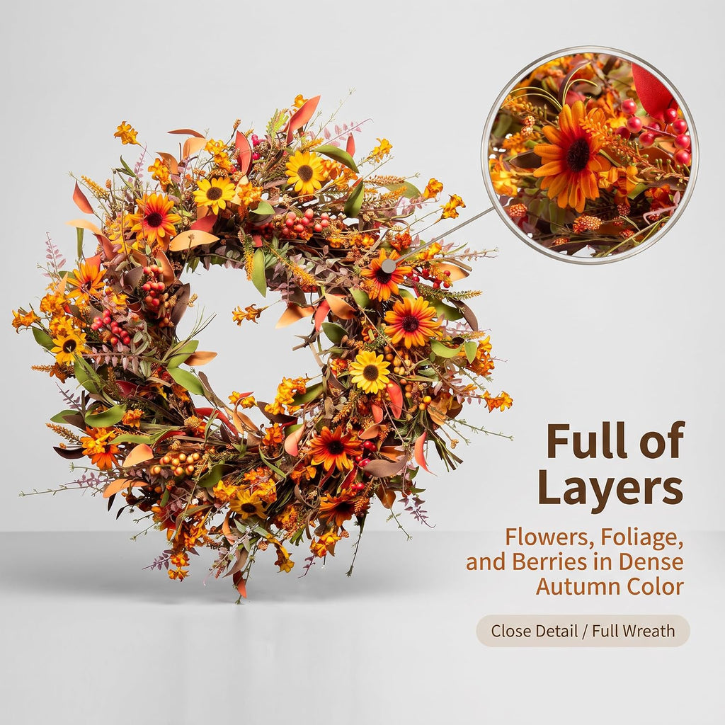 24 Inch Fall Wreaths for Front Door, Artificial Autumn Wreath with Sunflowers, Berries and Leaves, Thanksgiving
