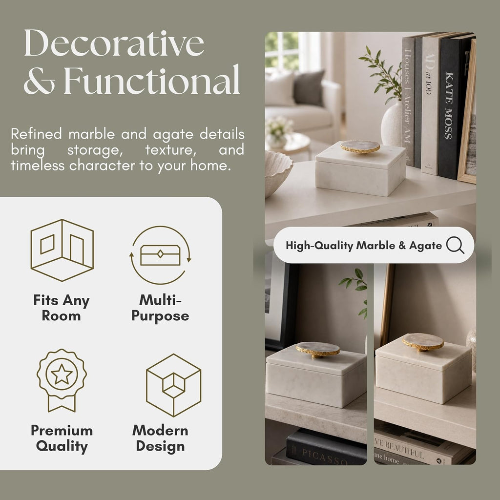 Marble Decorative Box Decor - Jewelry Box with Lid and Gold Accent for Keepsakes - Ideal Home Organizer and Storage