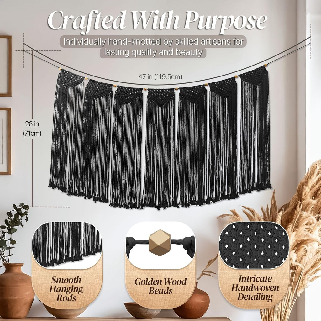 Black Macrame Wall Hanging, 47 x 28 Inch Cotton Boho Tapestry