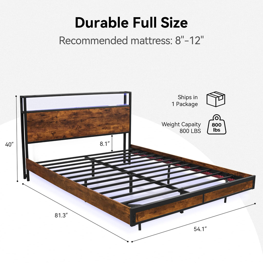 Bed Frame with 2-Tier Storage Headboard, Sturdy Metal Platform Bed Frame with Charging Station & LED