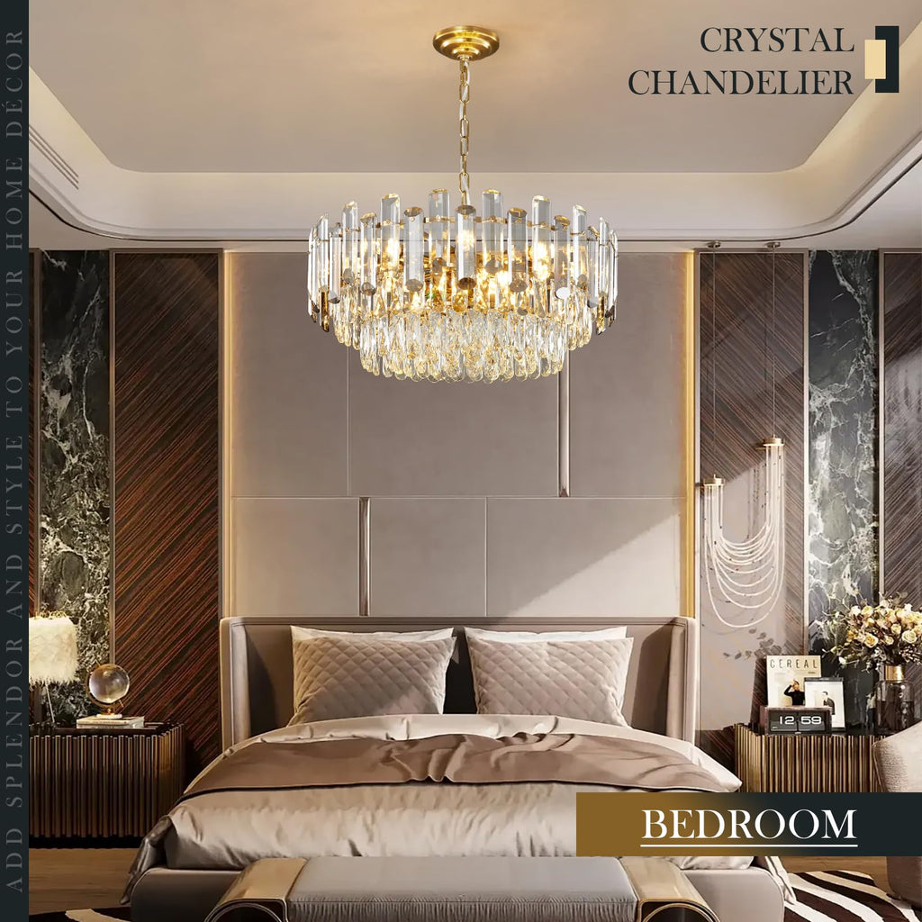 Gold Crystal Chandelier 23.6" Modern Crystal Pendant Light 3-Tier12-Light Ceiling Pendant Light Fixture for Dinning