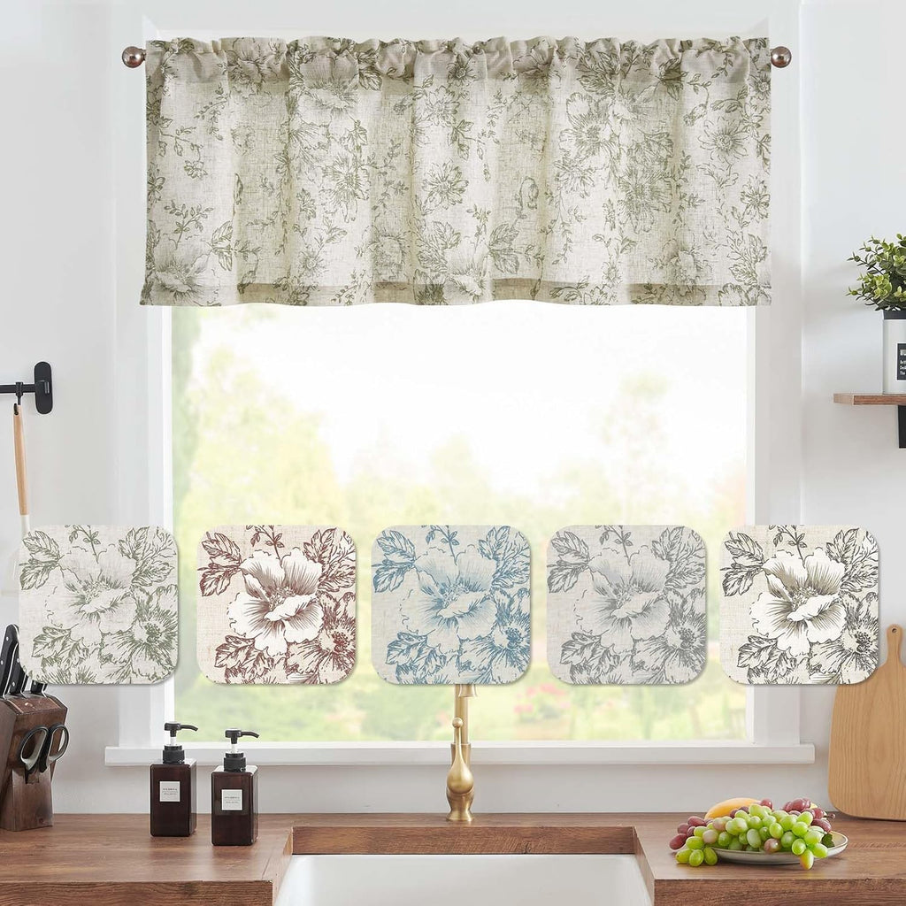 Linen Valance Curtain Farmhouse Sage Green Floral Window Valance, 16 Inch French Country Flower Drapes for Kitchen