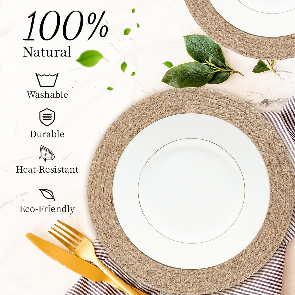 11.8 Inch Round Jute Placemats - Boho Rustic Woven Table Mats, Heat Resistant & Easy to Clean, Handwoven - Set of 6