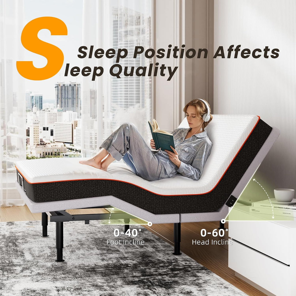 Queen Adjustable Bed Frame with Wireless Remote, Head Foot Incline, USB, Underbed Light - Heavy Duty Platform, Zero