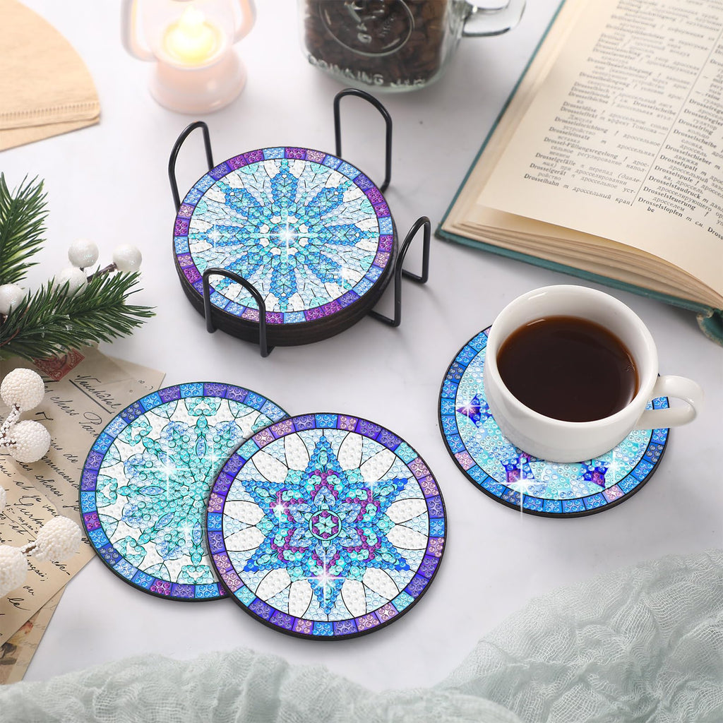 8 Pcs Snowflake Diamond Painting Coasters with Holder, Simple