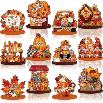Vintage Fall Decor, Pumpkin Gnome Maple Turkey Sign Set - Set of 12