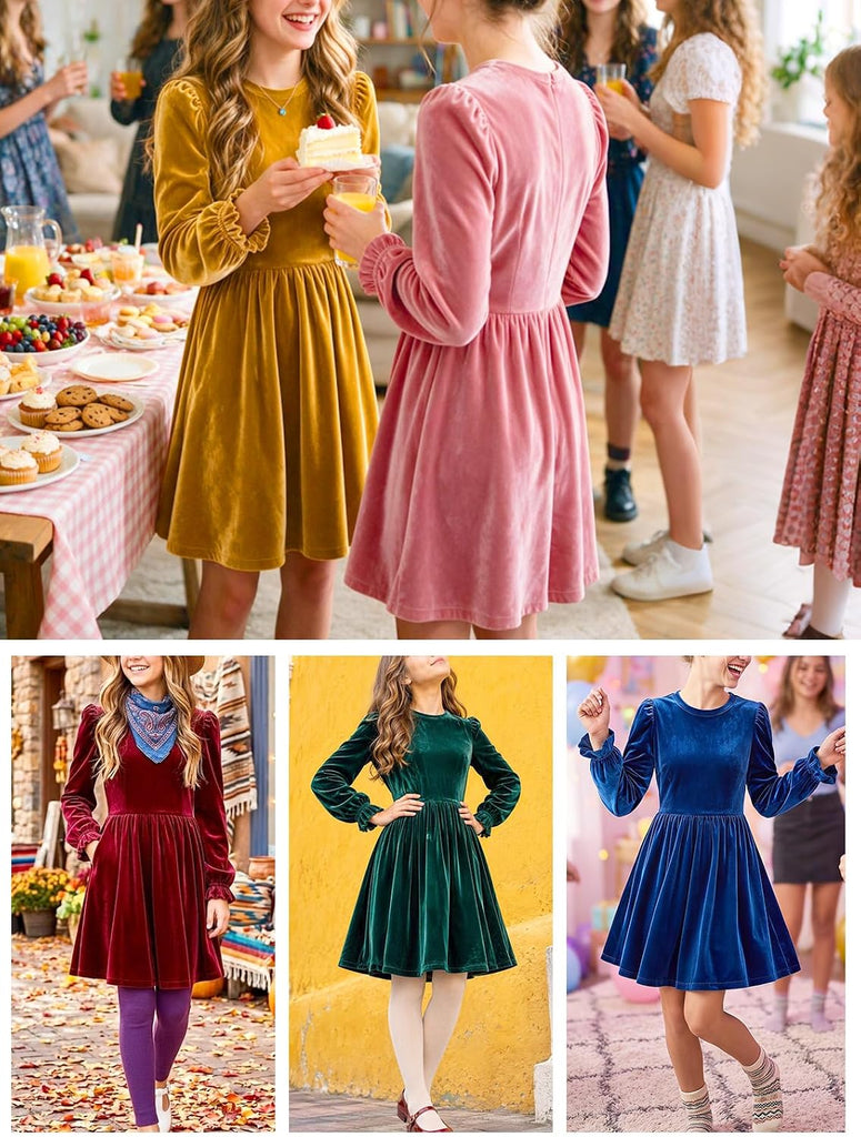 Velvet Christmas Dress Crewneck Puff Long Sleeve A-Line Fall Winter Casual Party Princess Dresses with Pockets