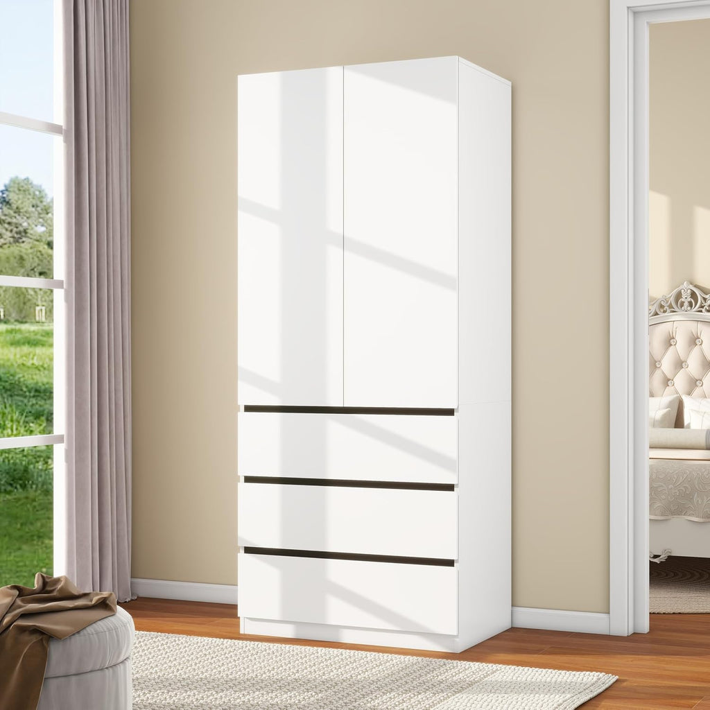 Wooden Wardrobe Closet with 2 Doors: 75" Bedroom Armoire Wardrobe Closet with 3 Drawers, White Cabinet with Hanging