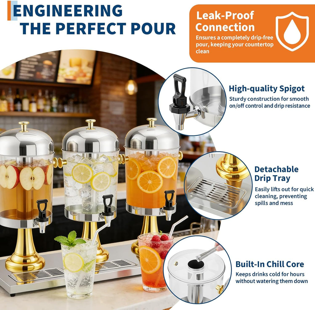 6.6 Gal Triple Head Beverage Drink Dispenser with Ice Core, Gold Stand