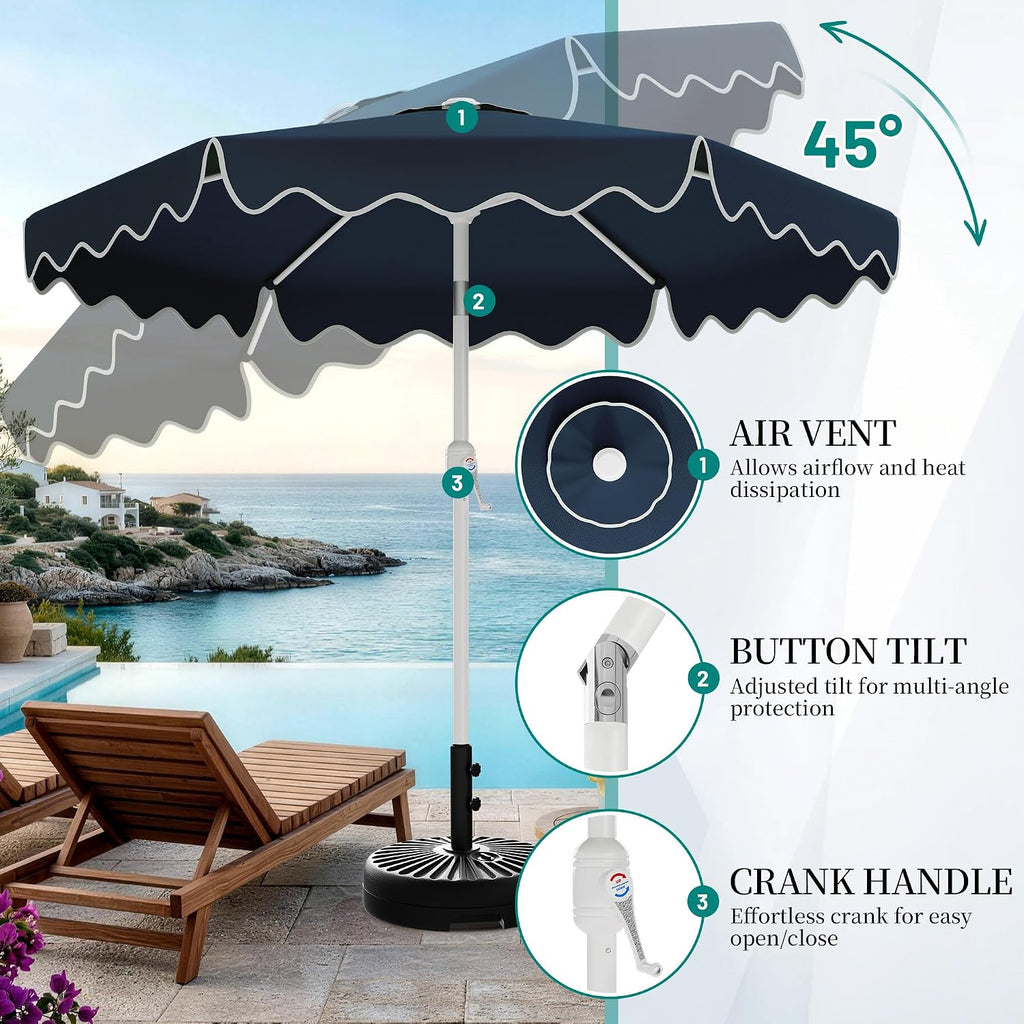 Patio Umbrella with Wavy Trim, UV-Fade-Resistant Canopy, Crank & Tilt - Navy 7.5ft