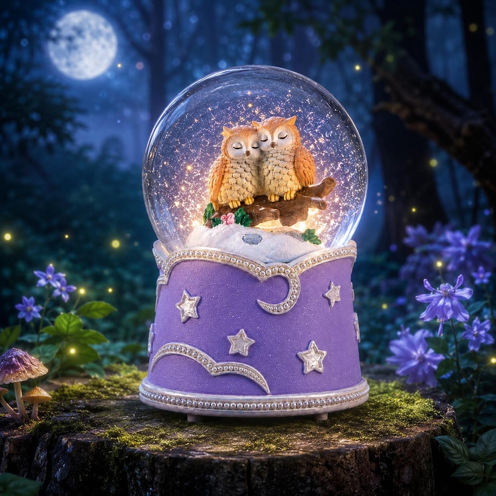 Owl Snow Globe Music Box with Color Lights, Beautiful Dreamer Tune, Glitter Musical Snow Globe, Rotating Owls