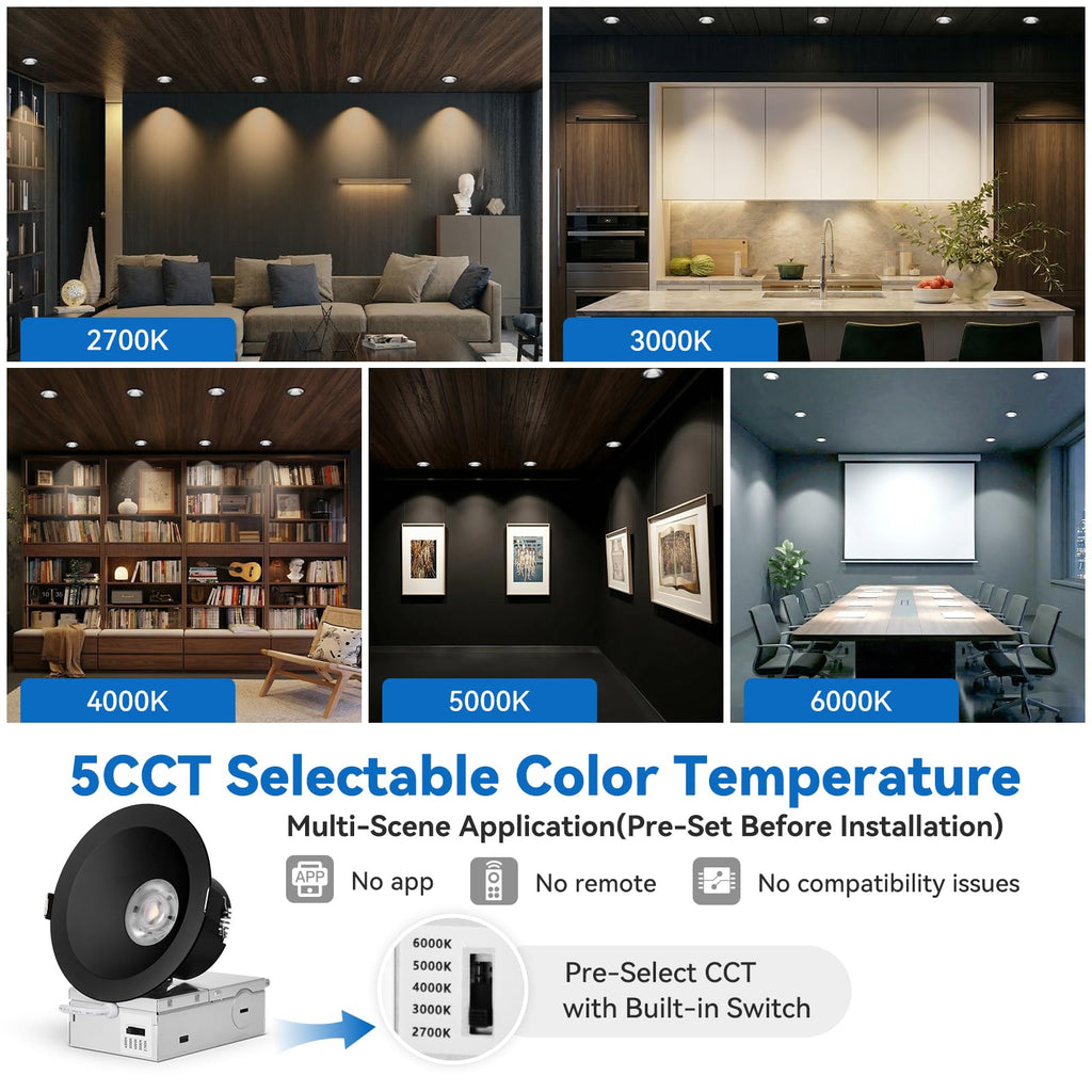 Black 4 Inch Anti-Glare Recessed Lights COB Spotlight, 6-Pack