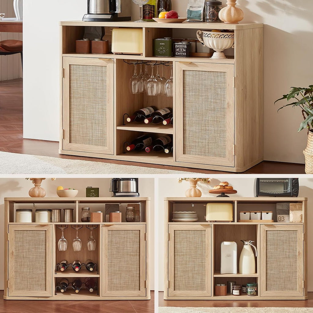 Rattan Wine Bar Cabinet with 2 Doors, Natural Wood | Boho Liquor Cabinet with Wine Racks & 2 Open Shelves & Rounded