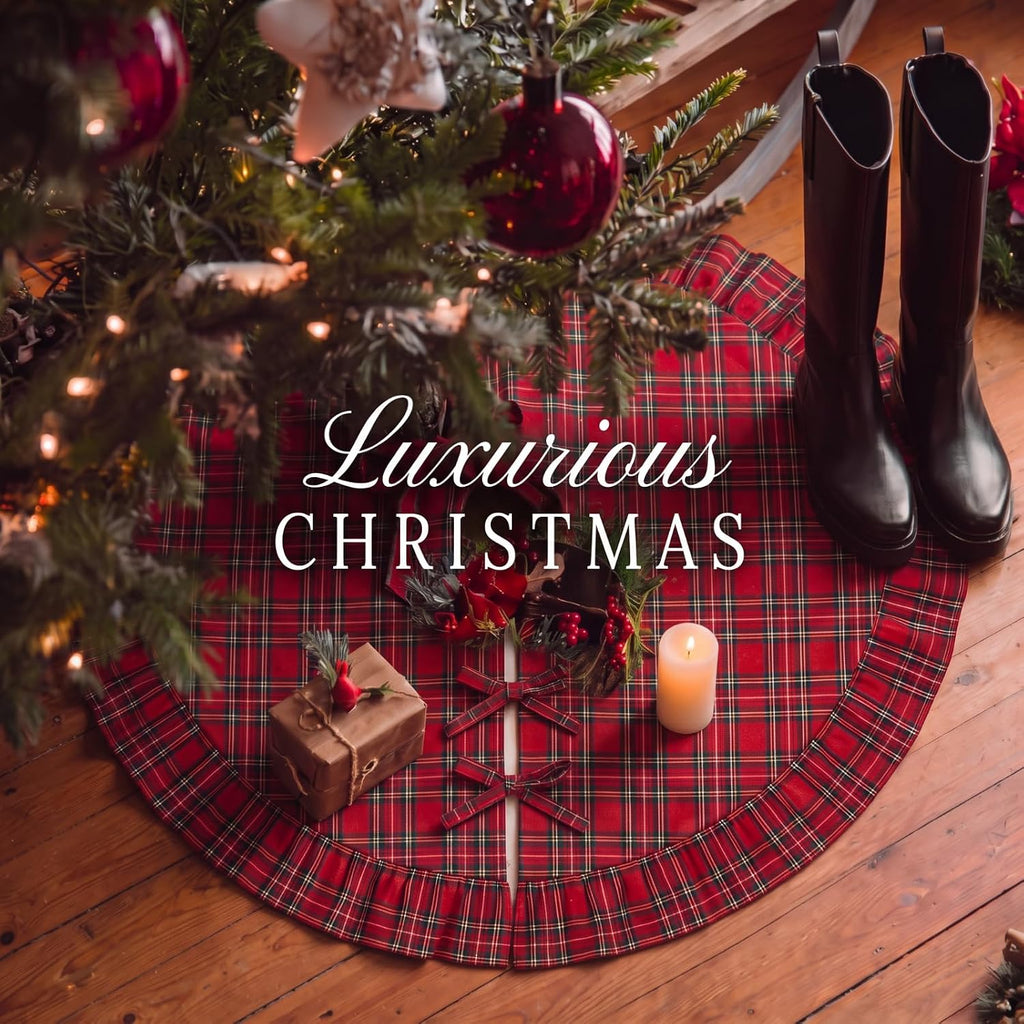 Christmas Tree Skirt with Ruffle Edge Bow, Red Tartan, 48 Inch
