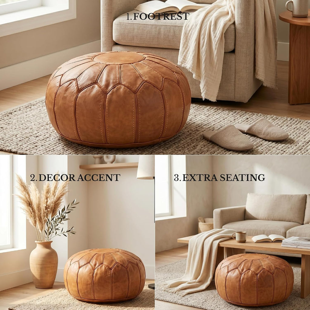 Leather Pouf Ottoman - Round Genuine Leather Footstool, Hand-Stitched Unstuffed Pouf Cover (Cognac Brown)