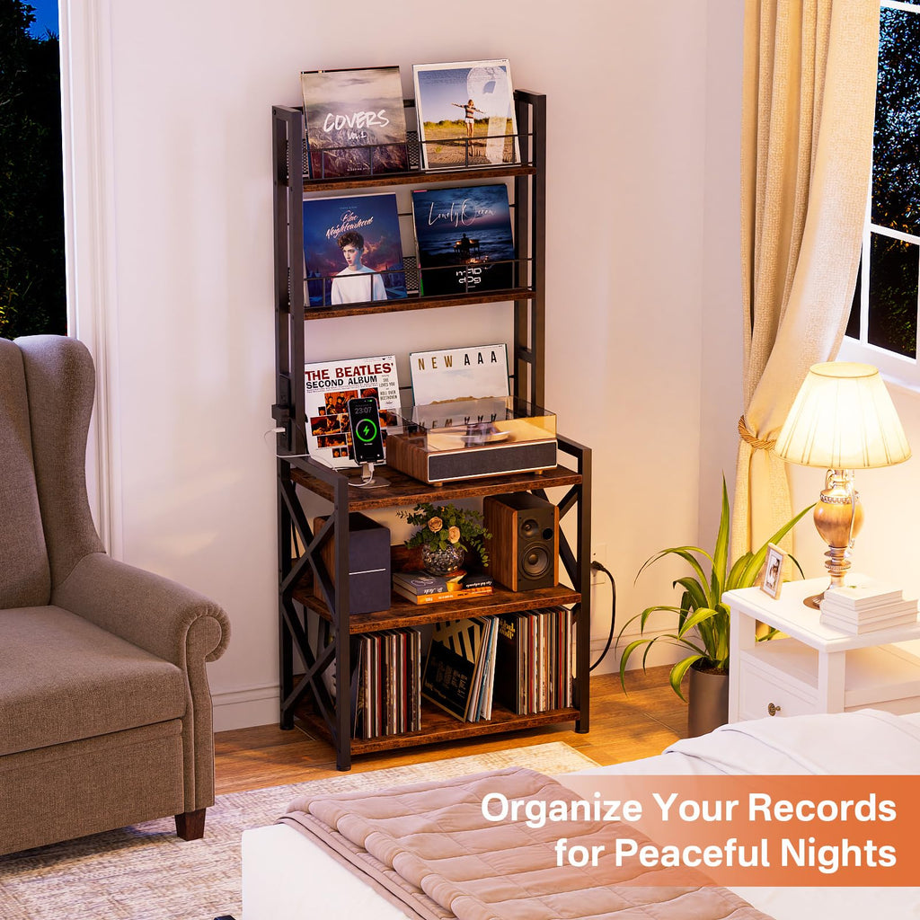 Record Player Stand with Power Outlet - Turntable Display Shelf