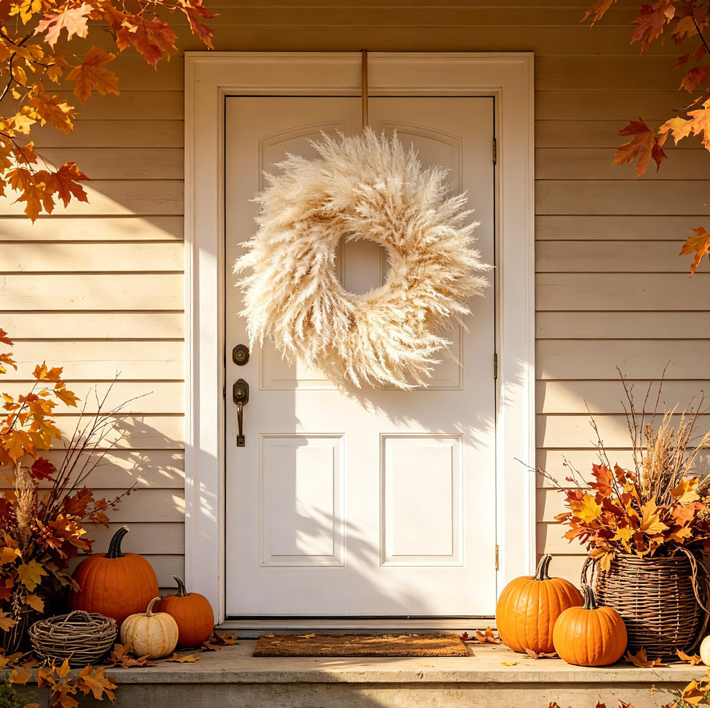 23'' Natural Pampas Grass Wreath for Indoor Decor, Handmade Dried Boho Wreath for Front Door or Wall, Rustic