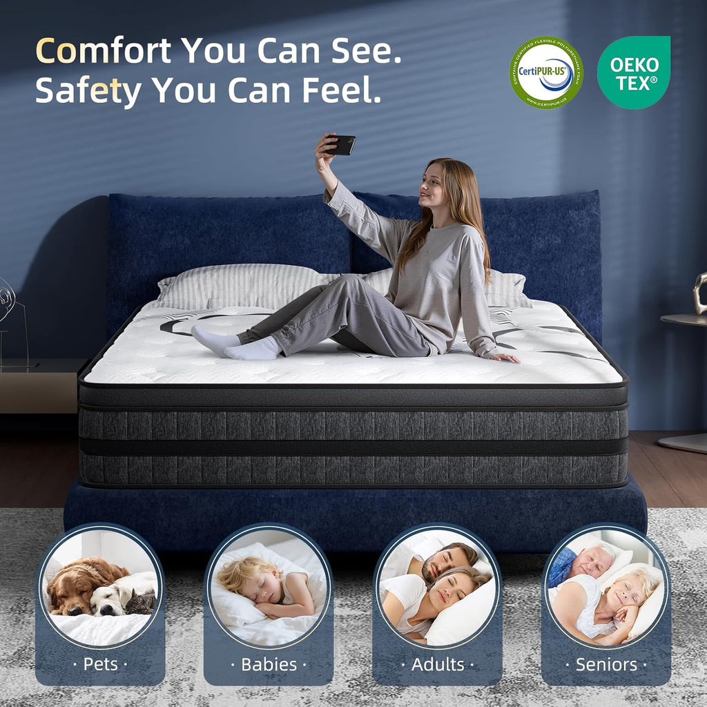 King Size Mattress, 12 Inch Hybrid King Mattress in a Box, Medium Firm, Memory Foam & Pocketed Springs, Pressure