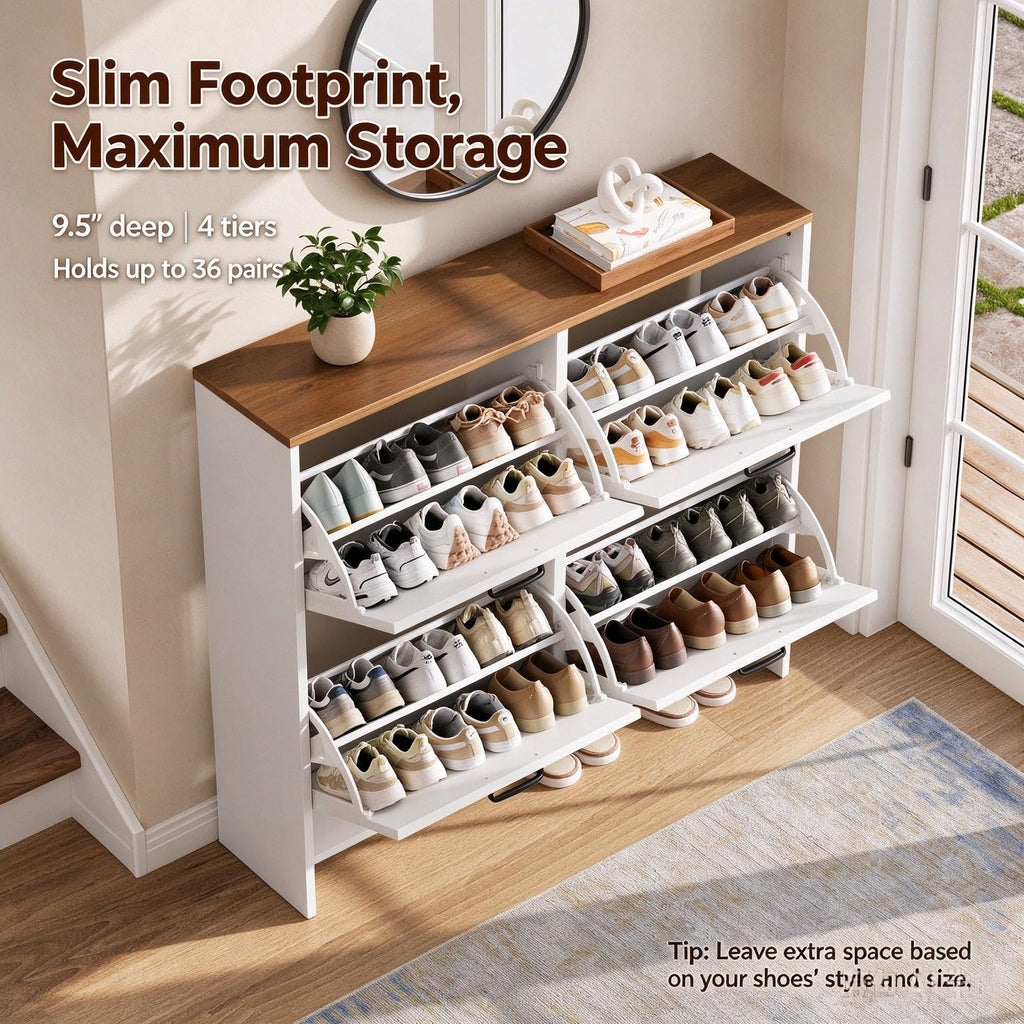 Shaker Barn Door Shoe Cabinet, 4 Flip Drawers & 3Tier Adjustable Shelves, Ultra Slim Freestanding, Modern Rustic
