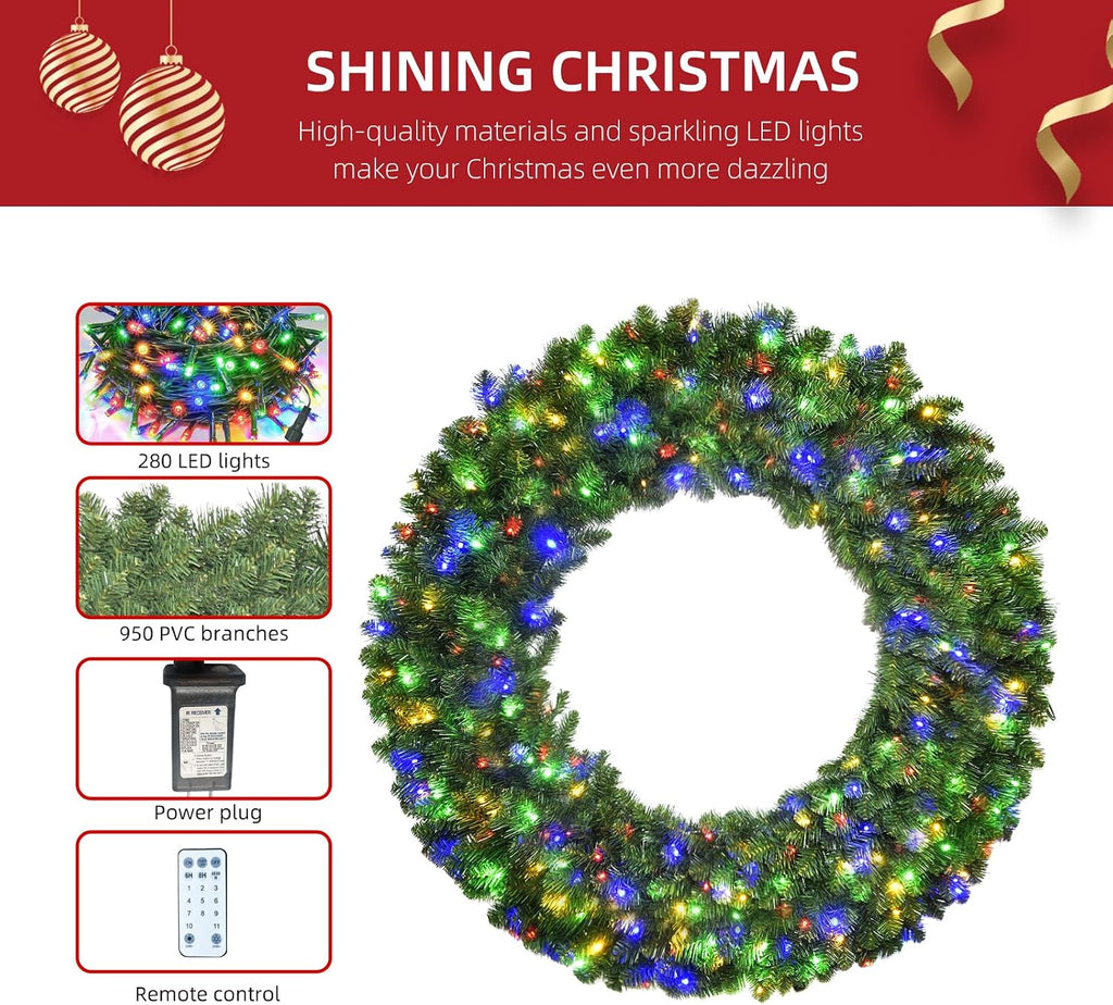 60in Large Christmas Wreath - Lighted Wreaths Holiday Decor, Outdoor Wreath with 300 Colorful LEDs, 930 PVC Tips, 9