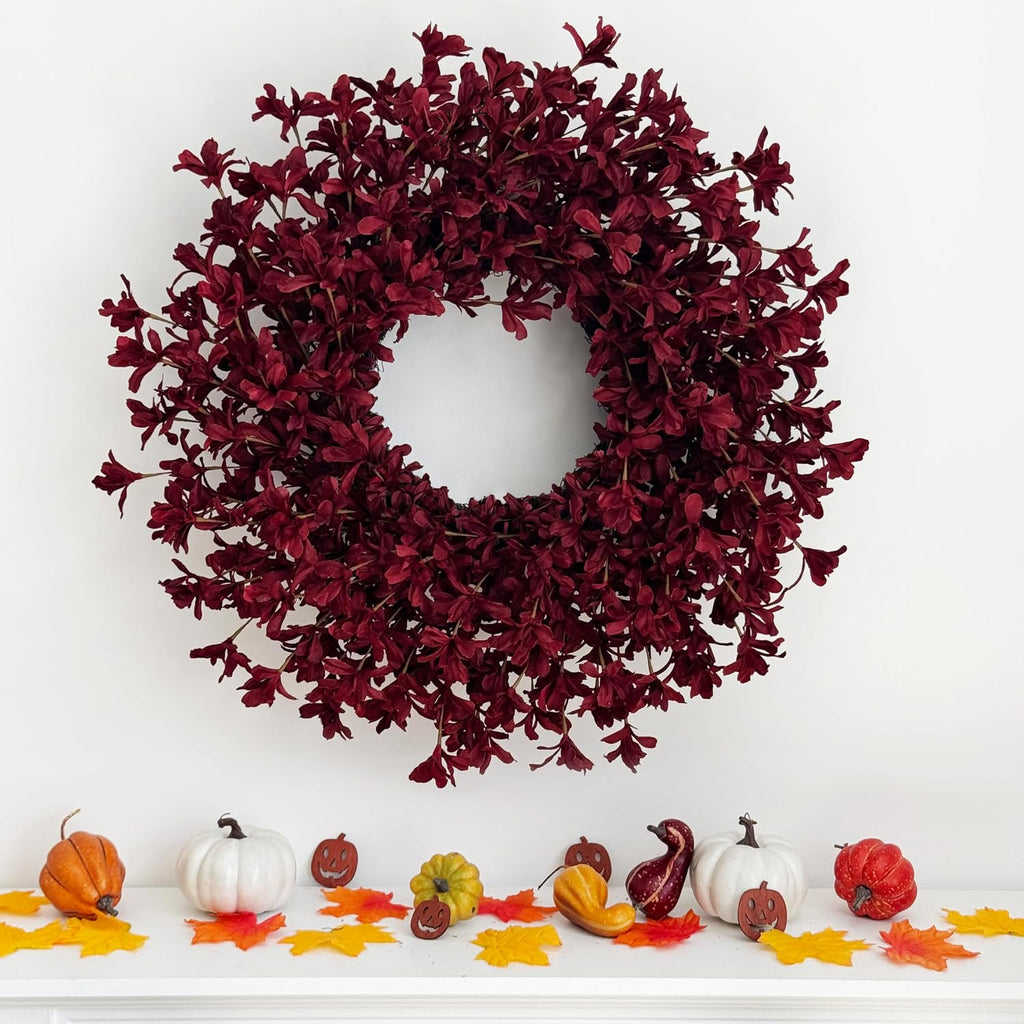 24 Inch Burgundy Fall Wreaths for Front Door, Artificial Forsythia Wreath