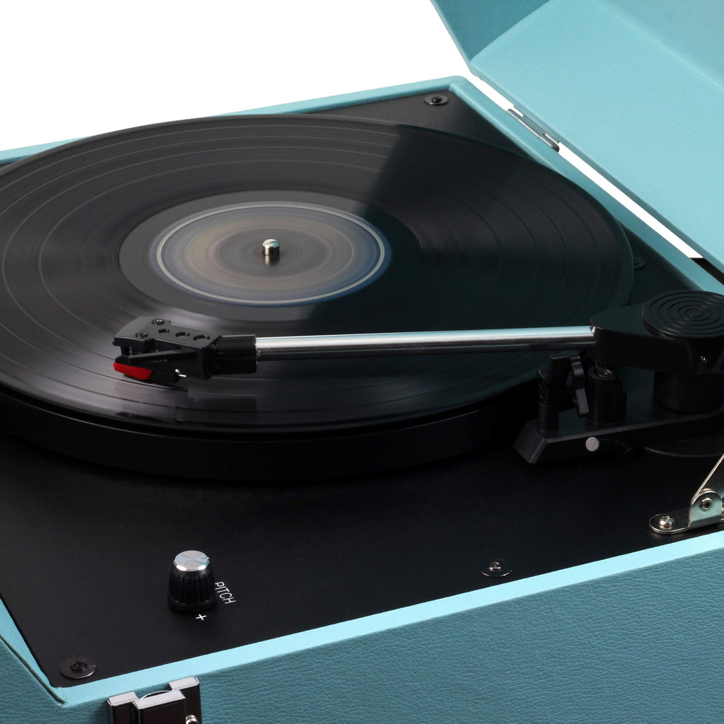 Floor Stand Turntable, Bluetooth Receiver, CD Player, FM Radio, Wood Cabinet, 3W RMS Speakers x 2, (Teal)