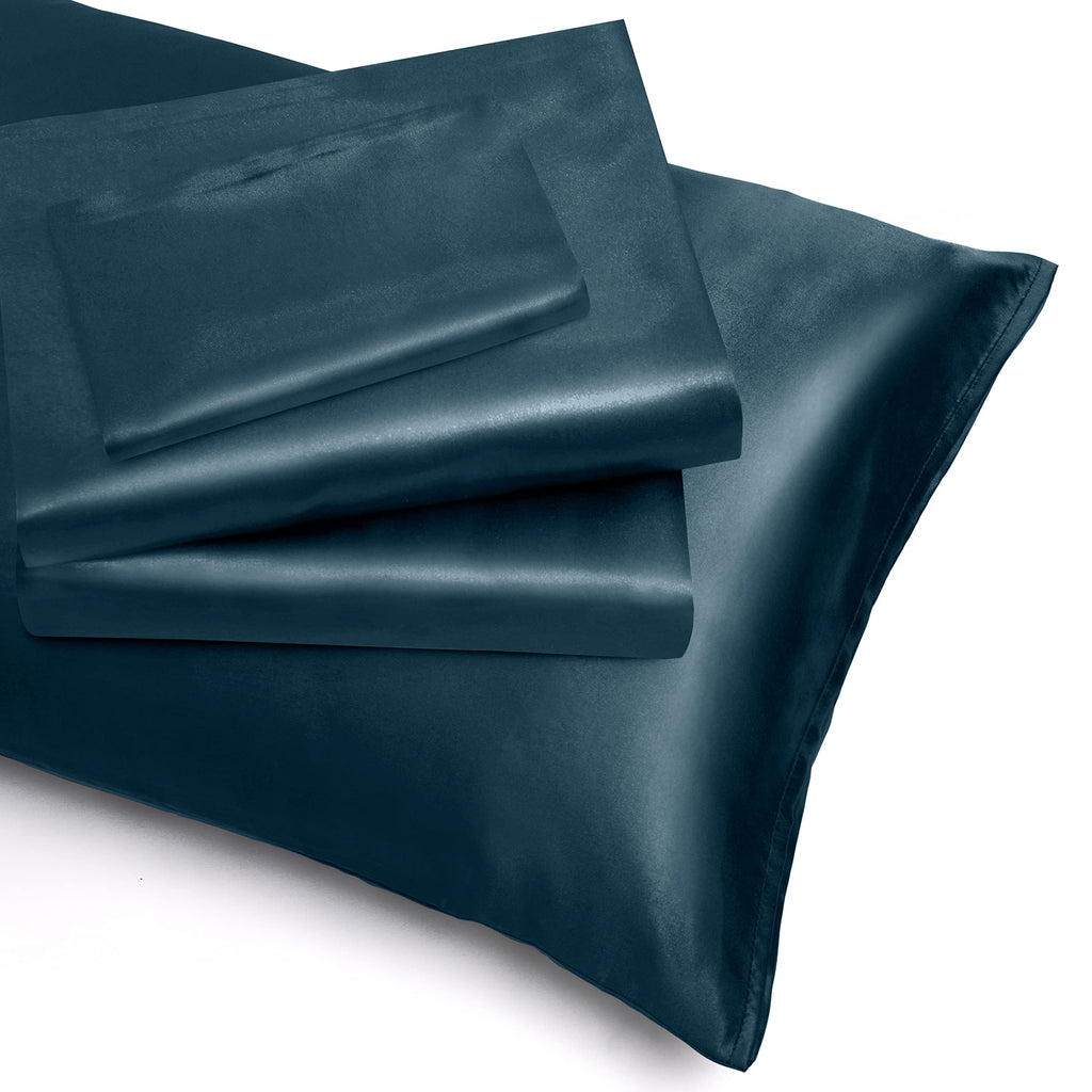 Queen Deep Sea Blue Extra Deep Pocket Satin Sheets, 4-Piece