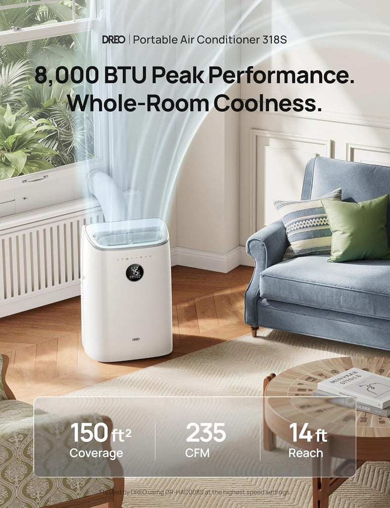 Portable Air Conditioner 318S, 8000 BTU ASHRAE (5000 BTU DOE) Smart AC Unit for Bedroom with Drainage-free Cooling