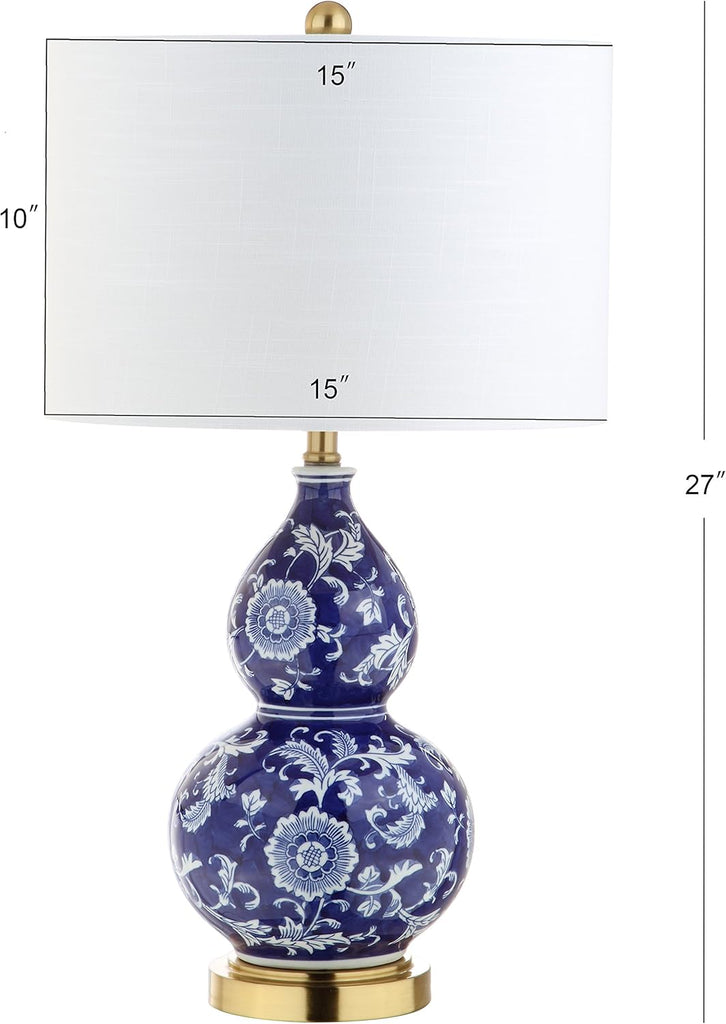 27" Blue/White Ceramic Chinoiserie Table Lamp, Traditional Floral Double Gourd Vase Lamp with White Linen Drum Shade