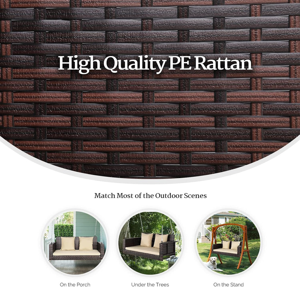 4FT Rattan Swing Bench, Wicker Hanging Porch Swing (Brown+Beige) | 2 Person Patio Bench Swings, Heavy Duty 800 LBS