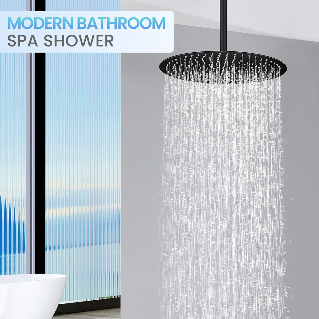 16 inch Matte Black Round Ceiling Rainfall Shower Head, All Metal Stainless Steel 304, Full Body Rainfall Shower with