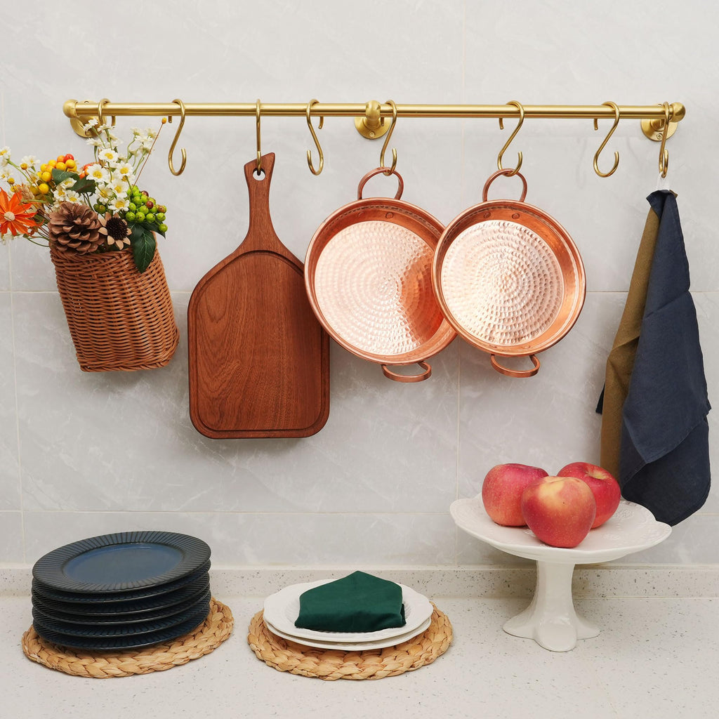 31 Inch Brass Pot Rack Wall Mounted, Kitchen Rail with Hooks for Pots, Pans, Mugs and Utensils, Segmented Wall